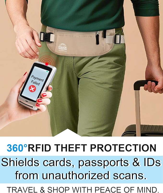 Money Belt for Travel, Passport Holder, RFID Blocking, Sweat-Proof, Beige | 3rd Gen Hidden Waist Wallet Anti Theft to Protect Cash, Credit Cards and Documents Under-Clothes for Men & Women, Bamneat