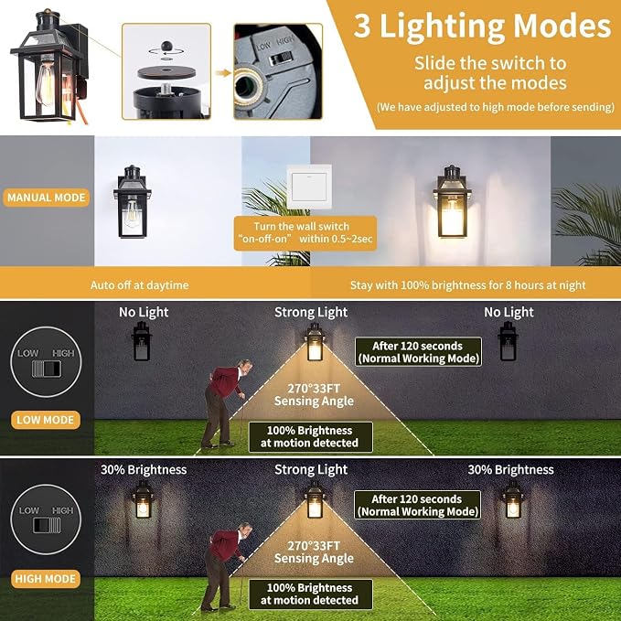 Yisuro Porch Lights with GFCI Outlet, Dusk to Dawn Outdoor Lights with Outlet, 3 Lighting Modes Exterior Light Fixture Waterproof, Outside Lights for House Front Door Patio Garage