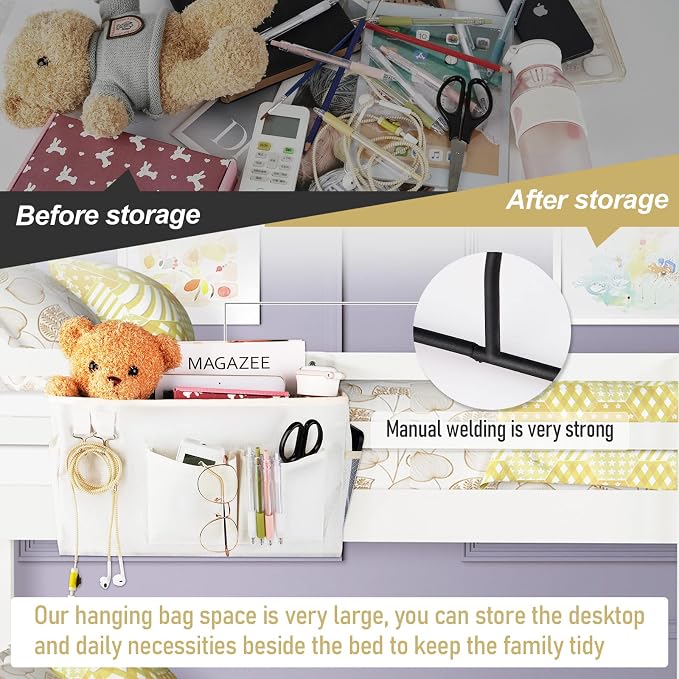 Bedside Caddy Organizer Hanging Storage Bag Bunk Bed 2Pack White | Bed Caddy with Magazine Water Bottle Phone Holder for College Dorm and Hospital Beds