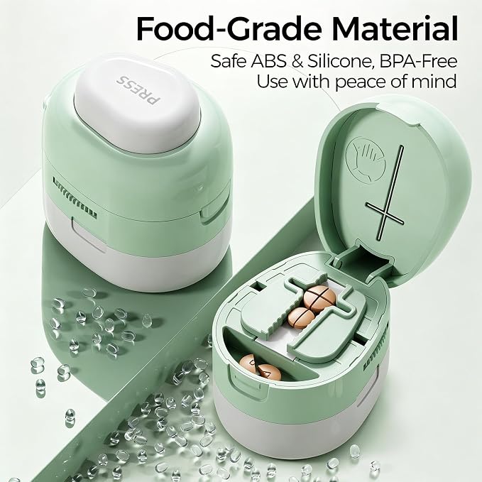 Adjustable Pill Cutter Splitter for Small and Tiny Pills, 1/2 1/4 Pill Splitter for Small Pills Vitamins Tablets, Accurate Alignment & Easy Cutting, Hidden Sharp Blade, Bottom Storage (Green)