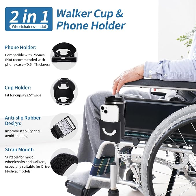 Wheelchair Cup Holder with Phone Holder for Walker, Wheelchair | Cup and Phone Holder Compatible with Drive Medical Nitro Rollator, Safe and Steady, Easy installation