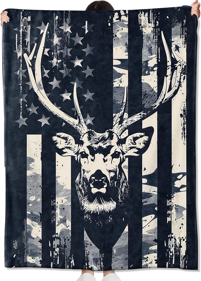 Camo Deer Head Blanket Gifts for Hunters Adult Women Men,American Flag Throw Blankets,Soft Comfy Lightweight for Room Couch Bed Sofa Modern Rustic Decor,Patriotic Lover 60x80in