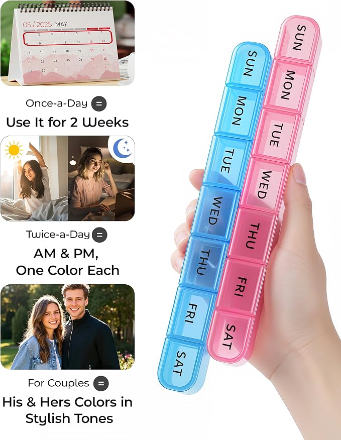 Daviky Weekly Pill Organizer 2 Pack Large Capacity Travel Pill Organizers Pill Box 7 Day Compact Travel Pill Case Medicine Pill Organizers for Vitamins, Supplements and Medications (Blue & Pink)