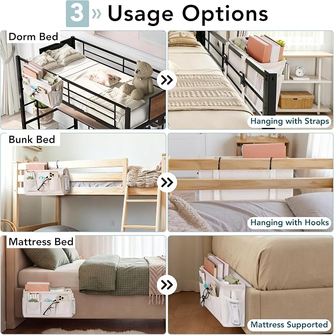Bedside Caddy Storage Organizer for Bed Rails, Bed Caddy with 6 Pockets | Bedside Organizer with Fixed Straps and Hooks, Mattress Supported Versatile for Home, Dorm, Bunk, Hospital and Crib Bed