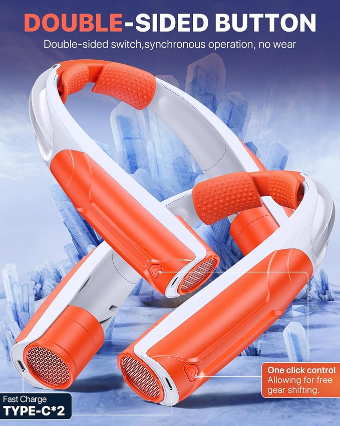 AaoLin Portable Neck Fan with 6000mAh Battery, USB-C Rechargeable, Orange Hands-Free Personal Fan 6 Speeds, 6-20Hrs Cooling for Outdoor Sports/Gym/Office, Adjustable 11oz Lightweight, Neck Cooler