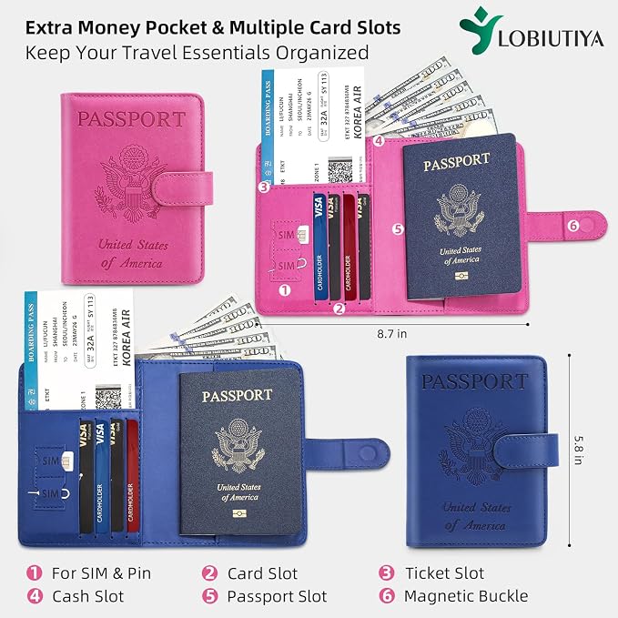 2 Pack Passport Holder For Travel with Slot for AirTag & Luggage Tag Cover – RFID Blocking Passport Holder for Travel Women/Men | PU Leather Passport Case with Pocket, Blue/Pink