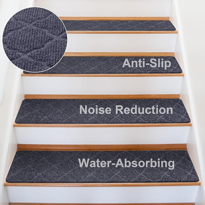 15 PCS Non Slip Stair Treads for Wooden Steps – 8"x30" Indoor Non Slip Stair Treads, Carpet Stair Mats with Self-Adhesive Backing, Removable & Machine Washable – Light Grey Pattern