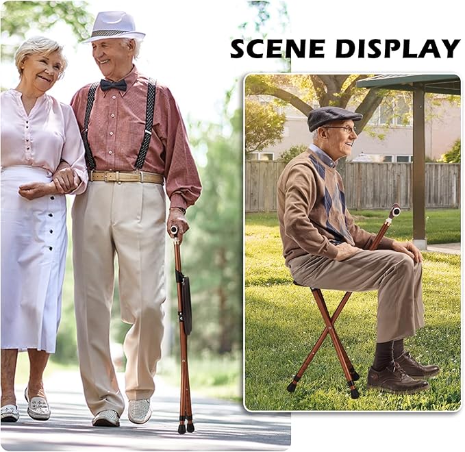Haddockway Walking Cane with Folding Seat 440lbs Capacity Portable Crutch Chair with LED Light Adjustable Height Outdoor Rest Stool Sticks for Elderly Seniors Women Men