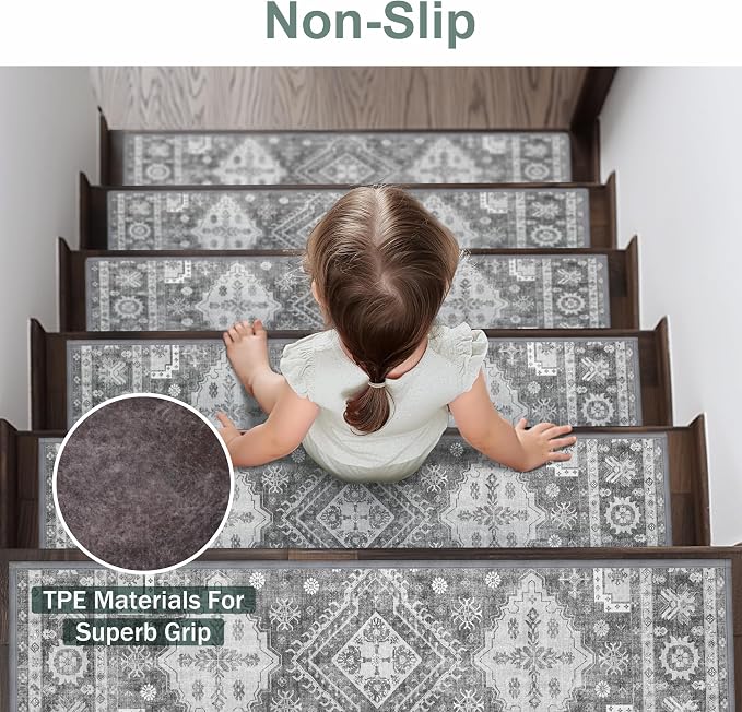 sarben 8"x30" Non Slip Stair Treads for Wooden Steps 15 Pack, Charcoal | Peel and Stick Carpet Stair Runner with TPE Adhesive Backing, Carpet for Added Safety, Pet and Senior Friendly