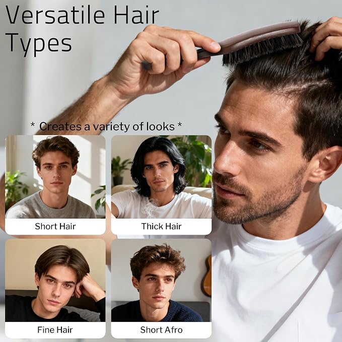 STYLEMATE Mens Boar Bristle Hair Brush Comb Set, Slick Back Mens Hair Brush with Stiff Bristles for Fine Hair, Beard Brush with Natural Black Walnut Wooden Gold Sandalwood Handle
