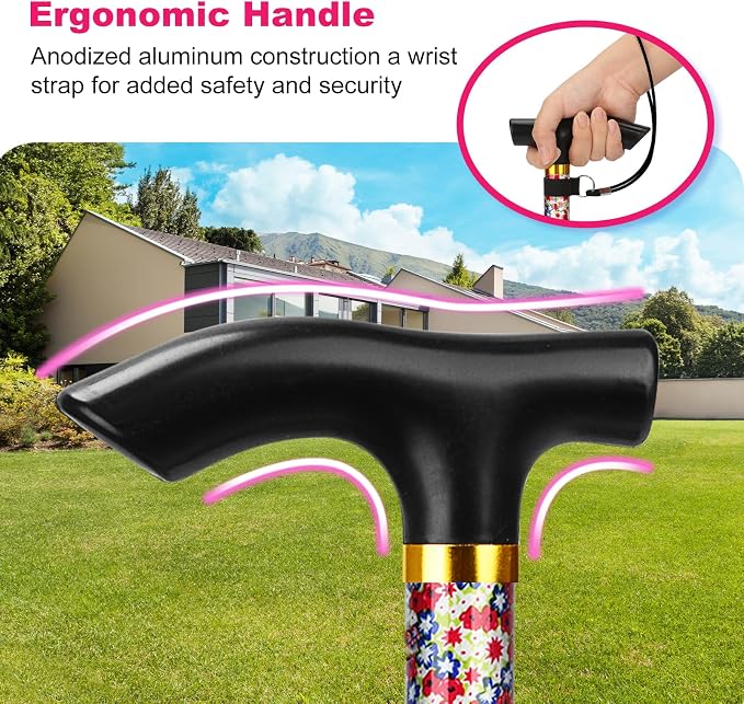 MFE Folding Cane, Portable 5-Level Adjustable Height Walking Stick with Foldable Design, Wrist Strap, and T Handle for Men and Women