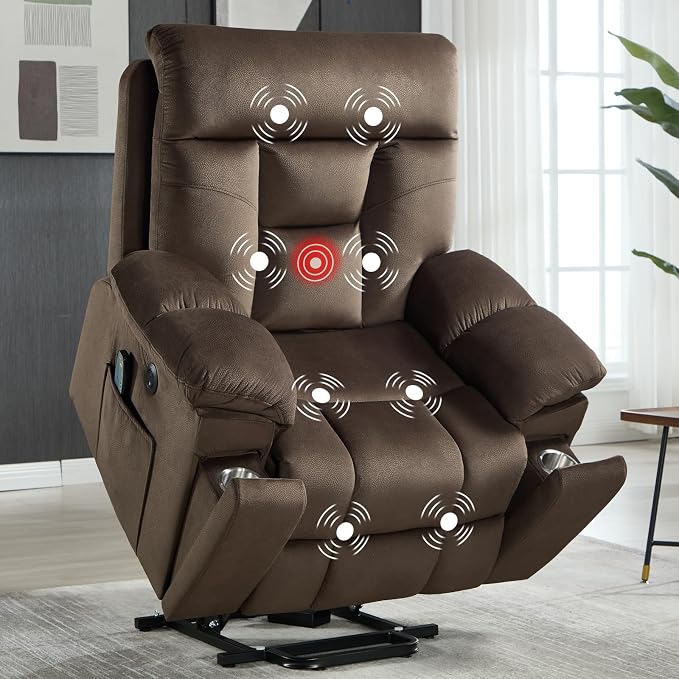 Large Power Lift Recliner Chair with Massage and Heat for Elderly Big and Tall People, Overstuffed Wide Recliners with 2 Cup Holders, Side Pocket and USB Port, Dark Brown