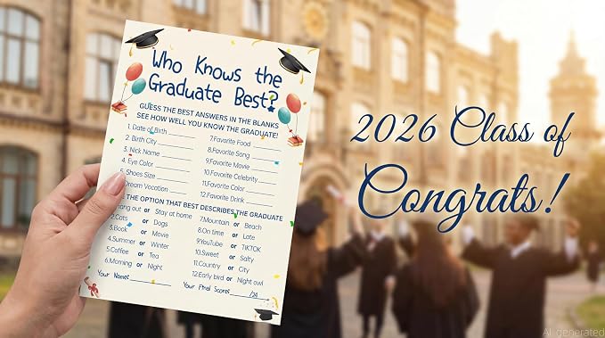 30PCS 2026 Graduation Party Game Cards, Who Knows The Graduate Best Game, Senior High School & College Graduation Party Favors-DH01
