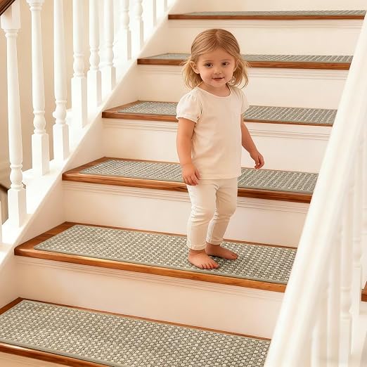 DEXDE Stair Treads for Wooden Steps 4-Pack Non-Slip Indoor, 9" x 30" Grey | Chenille & Linen Blend Carpet Stair Runners Backing, Soft Self-Adhesive Washable Stairway Step Covers for Kids Elders Dogs