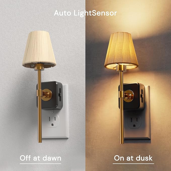 L LOHAS LED Night Lights Plug into Wall, Pleated Fabric Cover Night Light | Dusk to Dawn Sensor Vintage Nightlight, 0-100LM Dimmable, for Bedroom Living Room Hallway