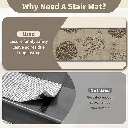 Non Slip Stair Treads for Wooden Steps, 15 Pack 8"x30" Washable Carpet | 8x30 in soft chenille polyester stair treads with reusable TPE backing for indoor wood stairs, dogs, kids, and seniors