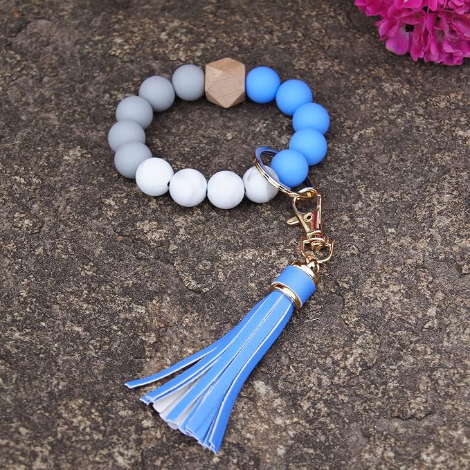 BAOSIWA Silicone Beaded Bracelet Keychain Wristlet Key Ring Bangle Chains for Women with Leather Tassel