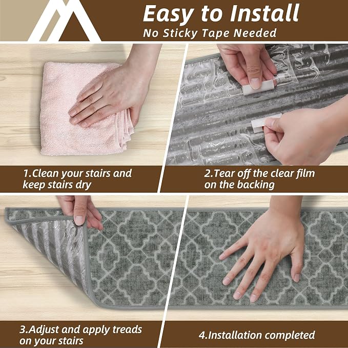 COSY HOMEER Stair Treads for Wooden Steps Indoor with TPE Backing,15Pcs | Non-Slip Carpet Stair Treads, Soft Peel and Stick Stair Runners,Pet-Friendly Stair Runner Washable Reusable,Fern Gray