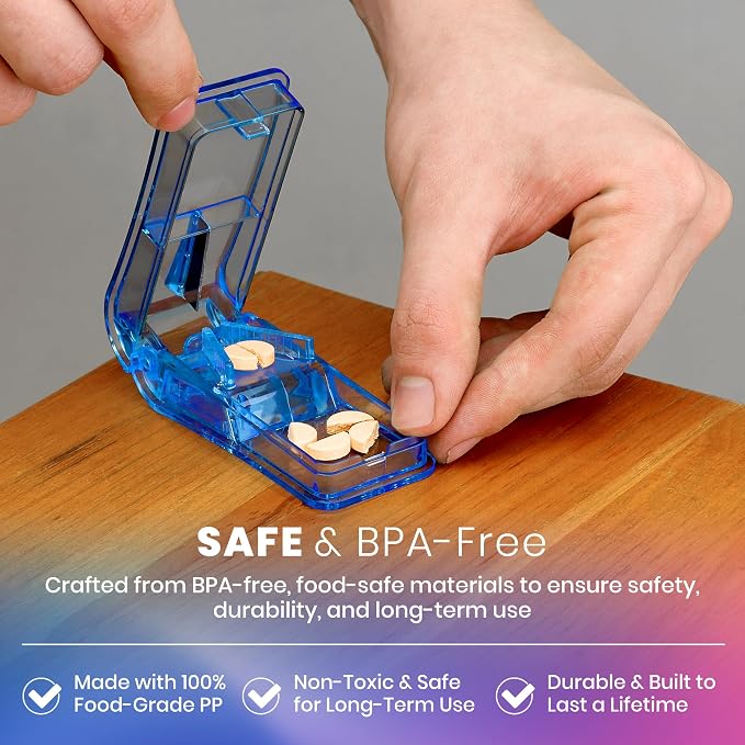 Pill Cutter - V- Grip Pill Crusher and Cutter for Vitamins, Big & Small Pills, and Medication - Transparent Pill Splitter with Pill Holder Case to Split