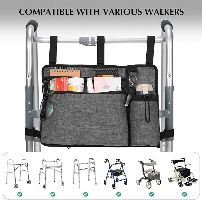 Walker Accessories for Seniors - Folding Walker Bag with Cup Holder, Storage Basket, and Organizer Pouch, Grey