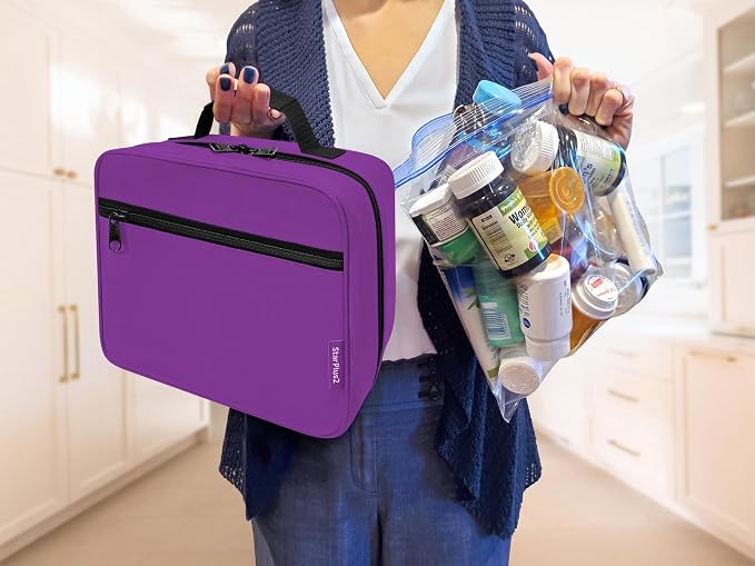 Large Medicine Organizer Bag – 10 Pocket Pill Bottle Organizer for Travel & Home Storage, Purple