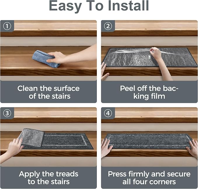 sarben 8"x30" Non Slip Stair Treads for Wooden Steps 15Pk, Charcoal Border | Peel and Stick Carpet Stair Runner with TPE Adhesive Backing, Carpet for Added Safety, Pet and Senior Friendly