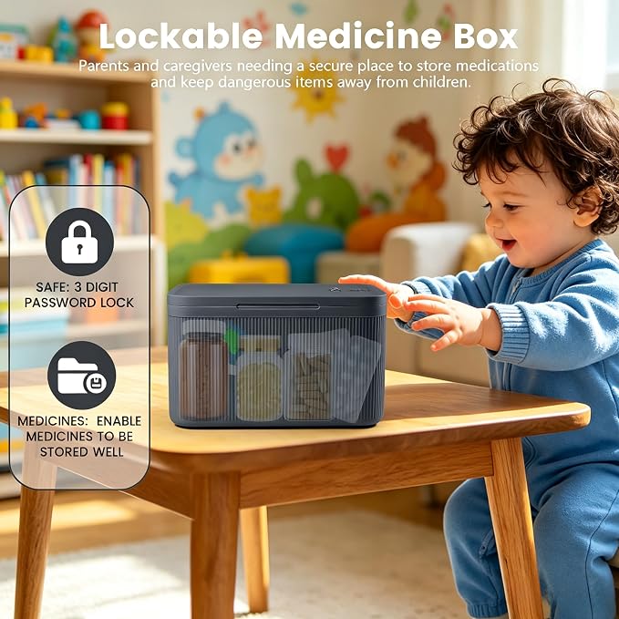 Upgraded Taller Size Medicine Lock Box,Lockable Storage Box with Combination Code for Medication Safe,Lock Box for Pills/Snack/Ipad Mini,Locked Container for Home/Office 9.4X5.5X5.7inch Medium