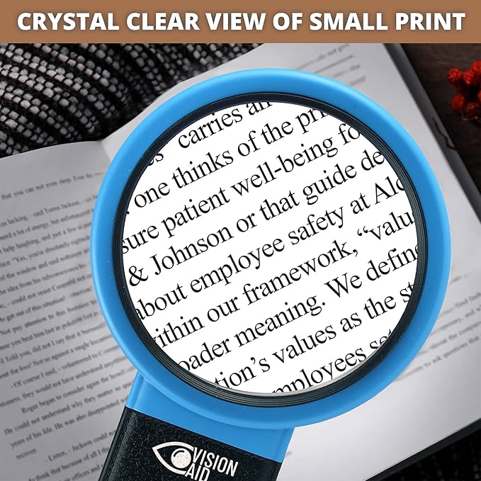 VisionAid Hands-Free Magnifying Glass with Stand, LED Lights, Loupe Handheld Illuminated Magnifier for Low Vision Seniors Coins Reading Jewelry