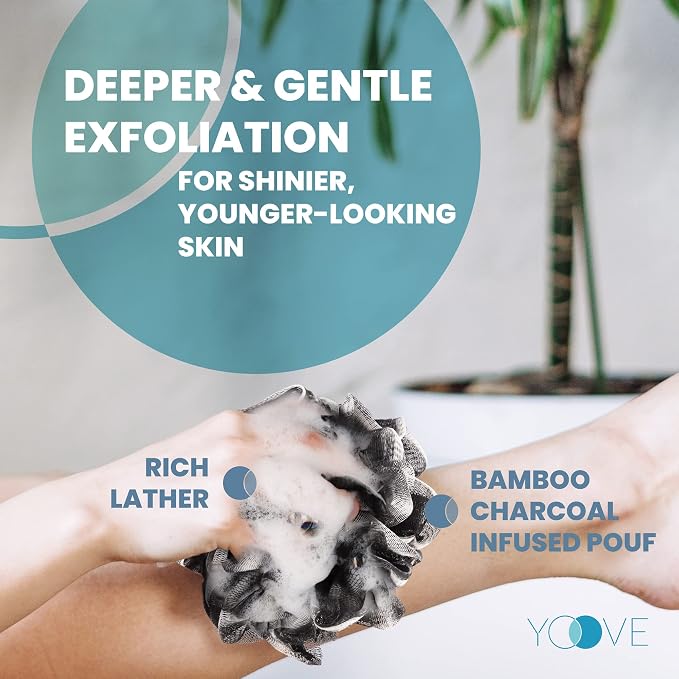 Bamboo Charcoal Infused Back Scrubber - Loofah with Handle | Exfoliating Shower Loofah for Men & Women - Features 1 Loofah on a Stick, 1 Loofa Pouf; Includes Hook (Black)