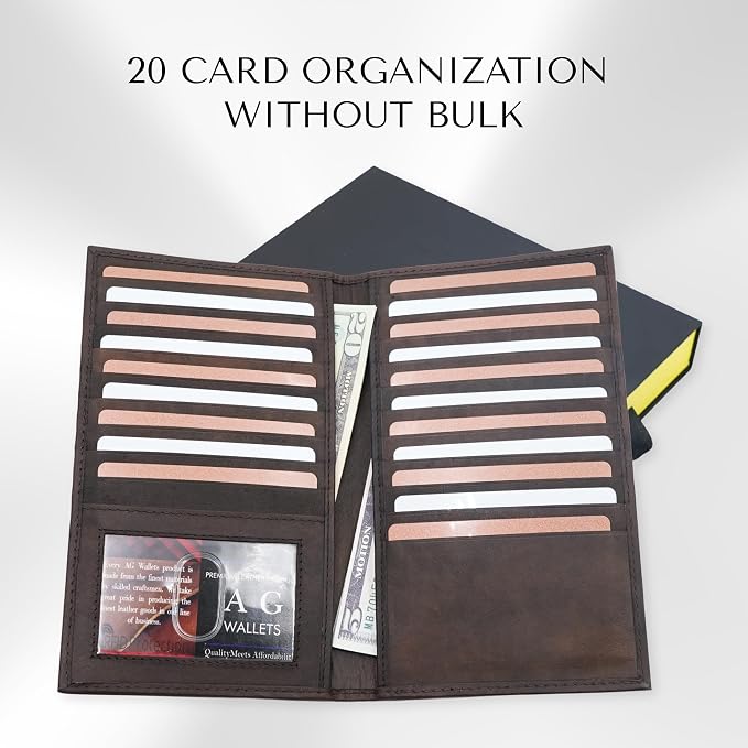 20 Card Wallet for Men, Long RFID Leather Credit Card Holder, Brown | 2 Bill Compartments | ID Window | Open Bifold | Organized Carry | Jacket Friendly