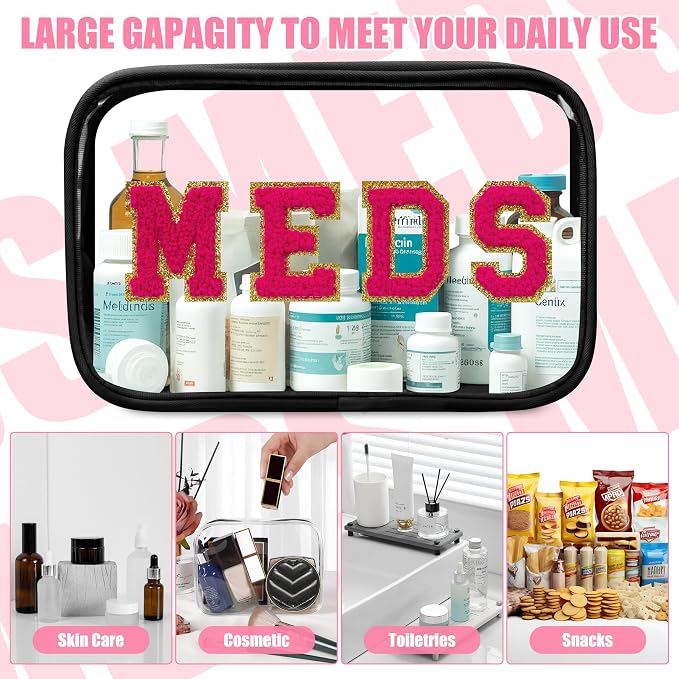 BuyCard Clear Meds Chenille Letter Nylon Makeup Bag - Portable Preppy Patch Cosmetic Toiletry Travel Storage Medicine Bag With Zipper for Women Girls Black