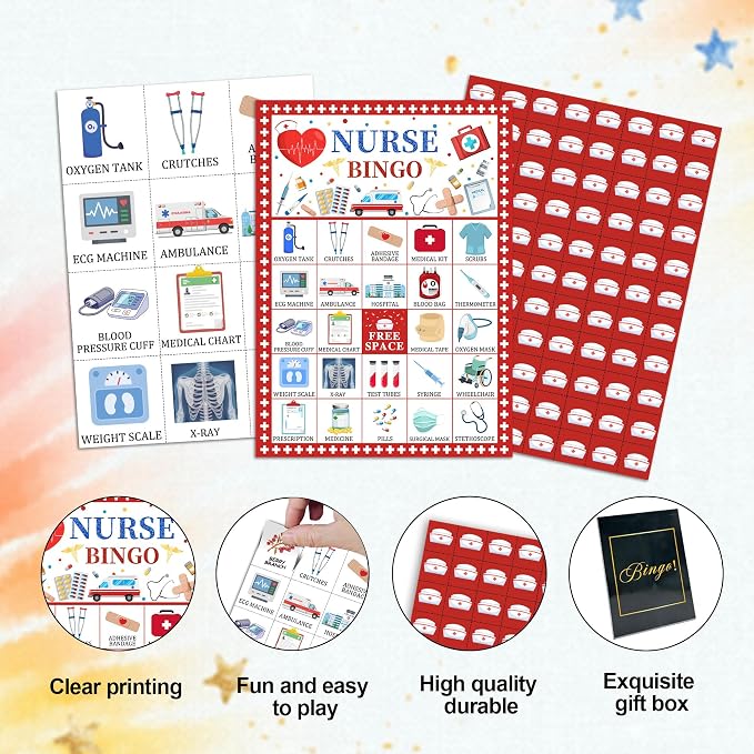 Nurse Party Bingo Game Cards, Nurse Bingo Set For Adults Large Group, RN Graduation Themed Fun Games, Nursing Party Activities Icebreaker Games, Nursing Grad Birthday Gifts For Family Friends, 19