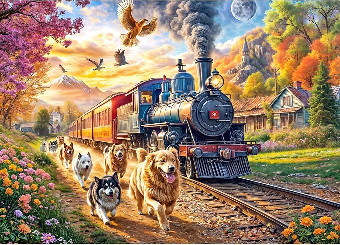 Puzzles for Adults 1000 Pieces,Happy Train Jigsaw Puzzle with 1:1 HD Poster, Perfect Interlocking No Dust, Stress Relief Ideal Gift for Family Games