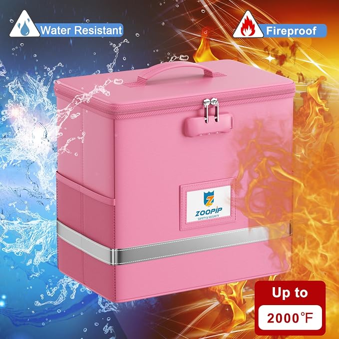Fireproof File Box with Lock, Collapsible Document Organizer, Pink | Suitable for Hanging Folders in Letter Size, Reflective Strip for Fast Find, Home Office Safe Protection,12.2"x6"x10.2"