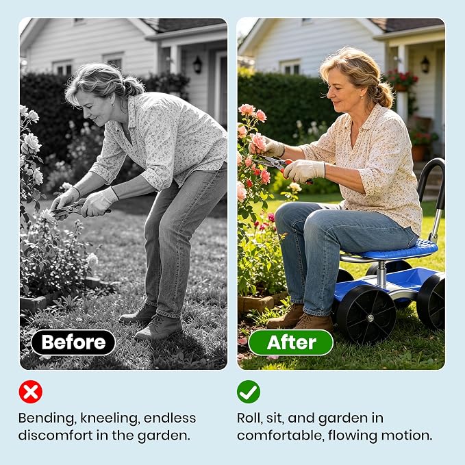 Rolling Garden Cart with 360° Swivel Seat, Garden Stool with Under-Seat Tray, 6” All-terrain Wheels, Height Adjustment, Use for Patio, Yard, and Outdoors, Gardening Gifts for Women, Parents, Seniors