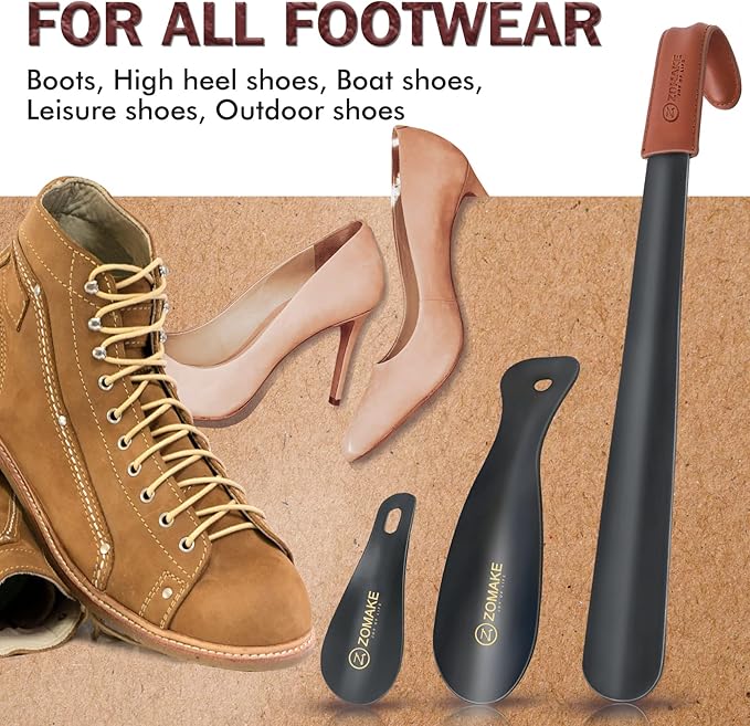 ZOMAKE Shoe Horn Long Handle for Seniors Men Women,Metal Long Shoehorn Boot Horn 16.5",Travel Small Shoe Spoon Helper for Kids 7.5"&3.9"