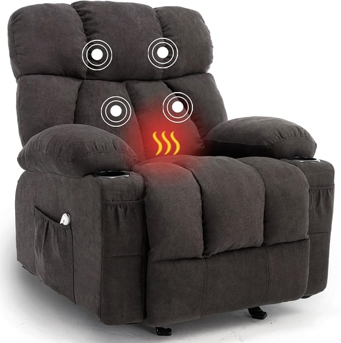 Massage Rocker Recliner Chair with Heat and Vibration Ergonomic Rocking Lounge Chair for Living Room Comfy Overstuffed Recliner with 4 Side Pockets, 2 Cup Holders, Black