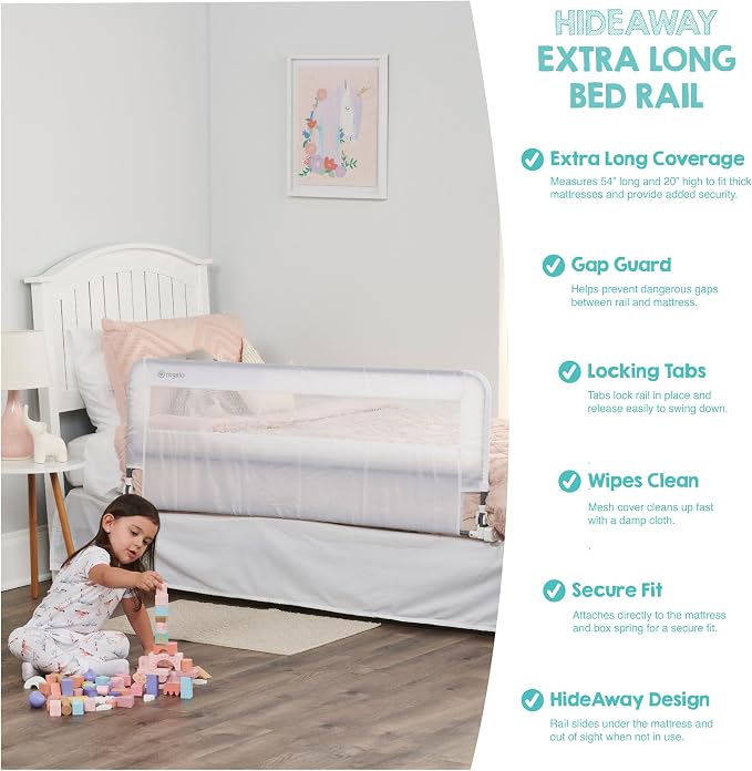Regalo Safety 54” Extra Long Hideaway Bed Rail Guard for Toddlers, Toddler Bed Rail with Reinforced Anchor Safety System, 20” Tall Bed Safety Rail, Fits Twin, Full & Queen Beds