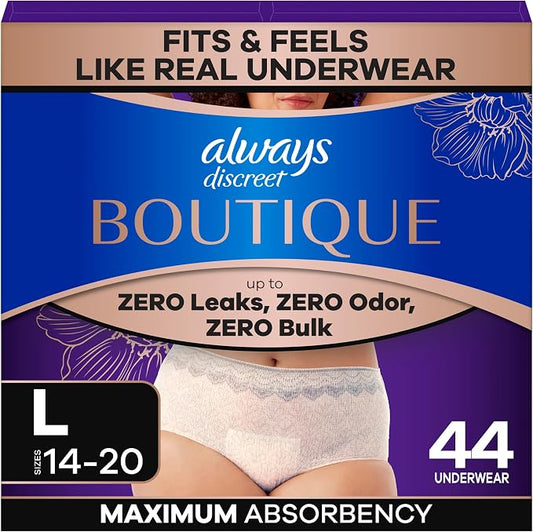 Always Discreet Boutique Incontinence and Postpartum Underwear for Women, Maximum Protection, Large, Rosy, 44 Count (2 Packs of 22)