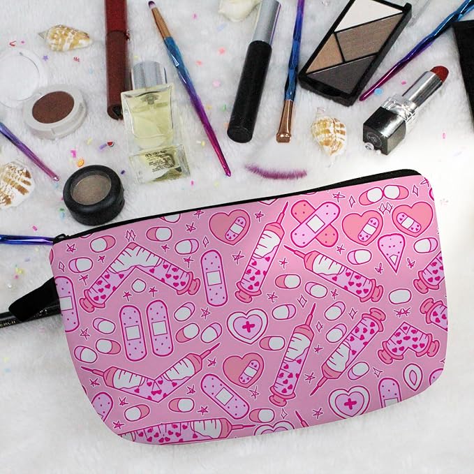 Livel lhood Pink Medical Supplies Small Makeup Zipper Bag | Pink Medical Supplies Printed Cosmetic Organizer Pouch, Medical Theme Gift for Women Friends