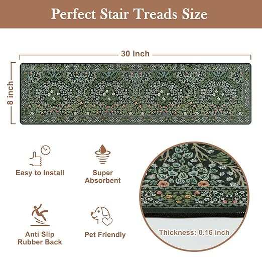 OJIA Stair Treads Non-Slip Stair Runners for Wooden Steps Indoor 4PC 30"x8" | Floral Carpet Stair Treads Stair Mats Staircase Step Treads for Kids, Elders and Dogs, Stair Covers, Green
