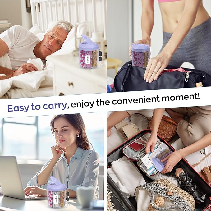 Pill Organizer with 7 Large Compartments, Pill Dispenser 4.4" H x 3.6" Dia for Travel, Supplement Organizer with Anti-Mixing Design, BPA-Free Pill Container with 20 Pcs Labels, Purple