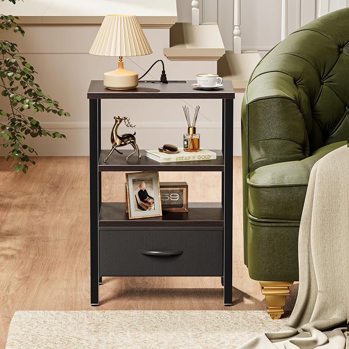 SUPERJARE Nightstand with Charging Station, USB-C Port, Bedside Table | Night Stand for Bedroom, with Adjustable Fabric Drawer, 3-Tier Storage End Table, for Living Room, Walnut
