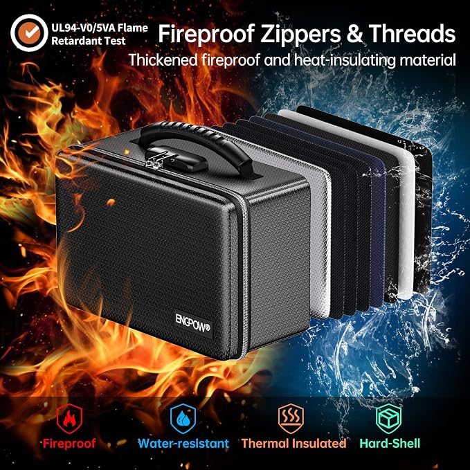 ENGPOW Fireproof Money Box, Small Hard Case Fireproof Box with Fireproof Zipper ＆ Lock, 6400°F Heat Insulated Fireproof Water Resistant Safe Box for Cash, A5 Document, Passport and More, Black