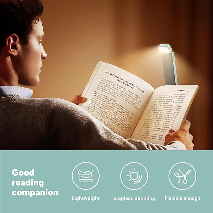 86lux Book Light, Rechargeable Reading Lights for Books in Bed, Ultralight Clip-on LED Bookmark Lamp with 3 Amber Colors & Stepless Dimming for Night Reading for Book Lovers, Kids, Light Blue