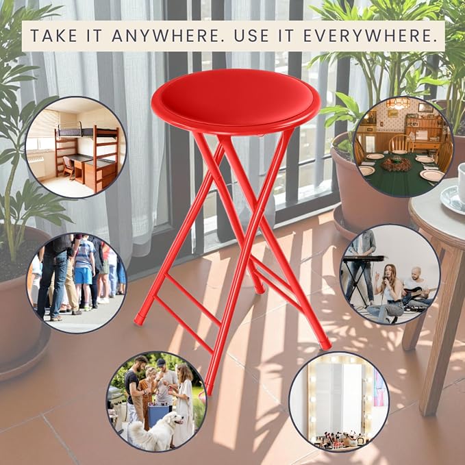 Lavish Home Folding Stool with Padded Backless Seat Set of 4, Red, 24” | Counter Height Bar Stools with 225lb Capacity, Portable Indoor & Outdoor, Extra Seat for Kitchen, Rec Room or Camping