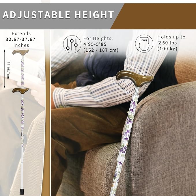 Stylish Foldable Walking Cane - Pattern Printed, Adjustable, for Men and Women Stability and Balance, Light Weight, for 5'~6' Height