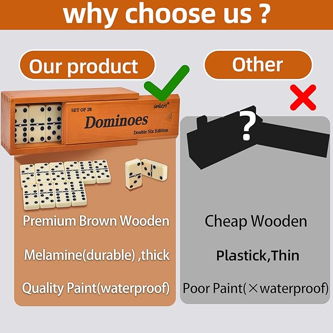 Smilejoy Dominos Set for Adults -Jumbo Size Dominoes Double Six Edition- Classic Board Games- Thick Size Double 6 Domino Set with Deluxe Brown Wood Box, 28 Tiles (2-4 Players)