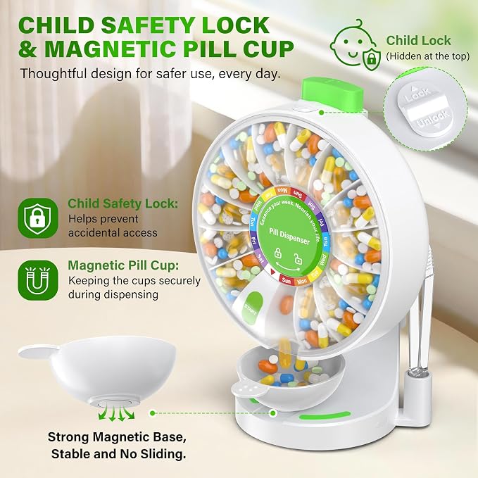 200000 Push Button Test Weekly (14 Days) Large Pill Dispenser Organizer | One Push Button, Magnetic Medicine Bowl, Child Lock, Wall-Mounted, Standing Use, for Vitamin, Medicine, Elderly, Pet Green