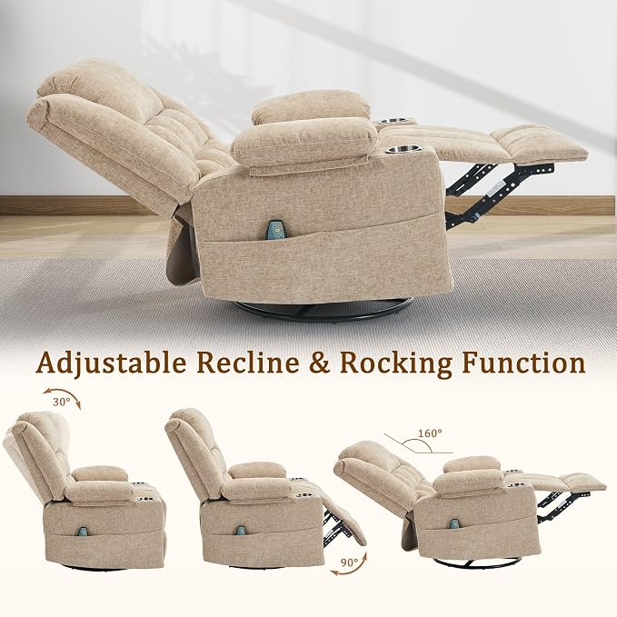 Korser 360° Swivel Rocker Recliner for Adult, Nursery Glider Recliners with Massage & Heating, Rocking Chair with Cup Holder, Manual Recliner Chair for Living Room, Bedroom (Khaki)